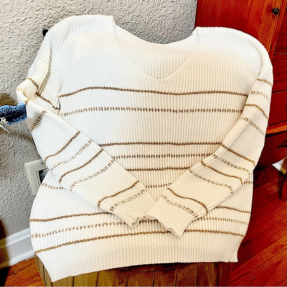 Classic Cream V-Neck Sweater with Metallic Stripe